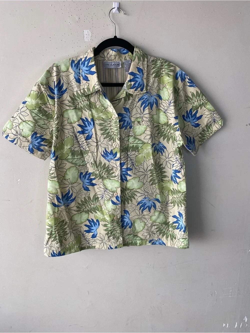 Vintage Speculation Floral Blouse M Tropical Botanical Button Down Shirt Resort